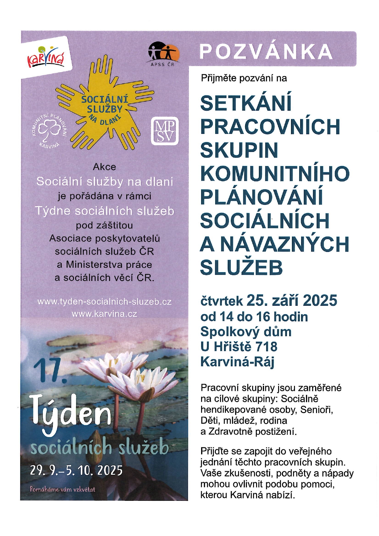 Sociální služby na dlani - Veřejné setkání pracovních skupin komunitního plánování